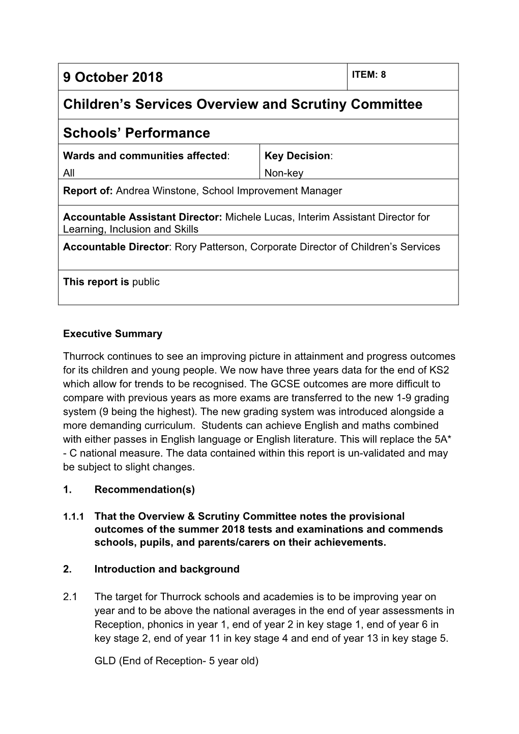 9 October 2018 Children's Services Overview and Scrutiny Committee