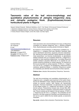 Taxonomic Value of the Leaf Micro-Morphology and Quantitative Phytochemistry of Jatropha Integerrima Jacq