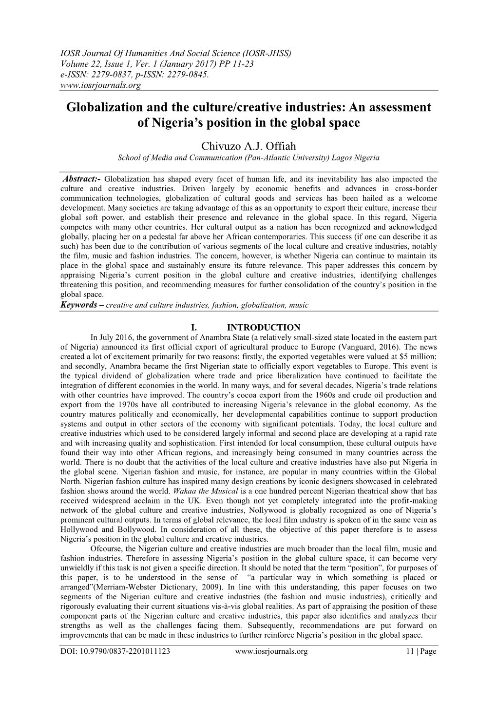 Globalization and the Culture/Creative Industries: an Assessment of Nigeria’S Position in the Global Space