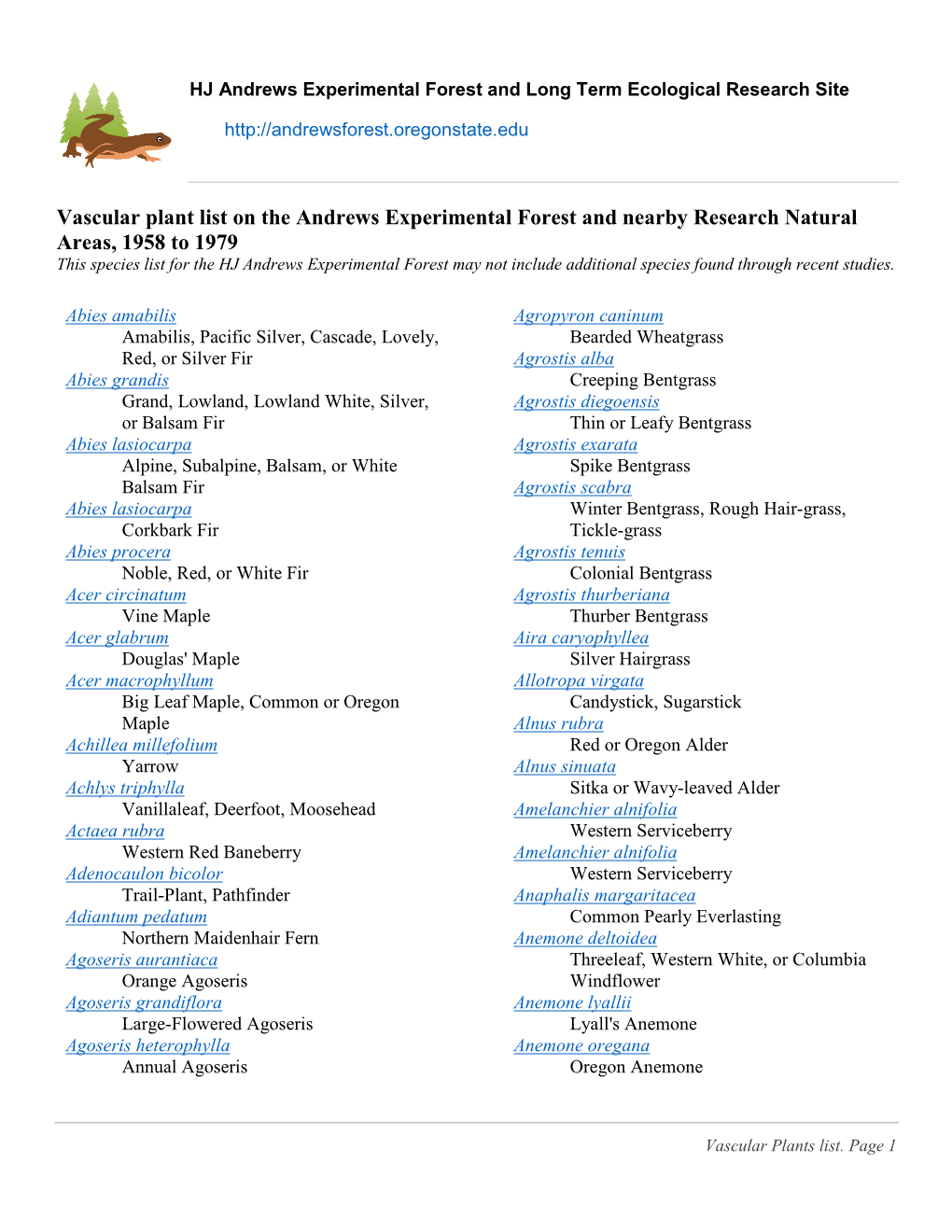 Vascular Plant List on the Andrews Experimental Forest and Nearby