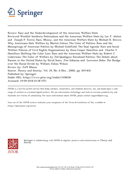 Race and the Underdevelopment of the American Welfare State Reviewed Work(S): Southern Paternalism and the American Welfare State by Lee J