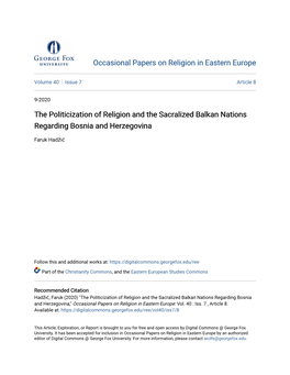 The Politicization of Religion and the Sacralized Balkan Nations Regarding Bosnia and Herzegovina