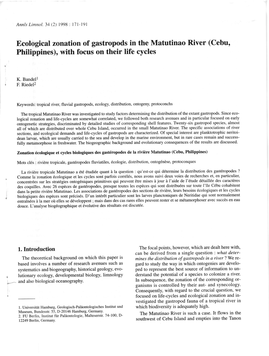 Ecological Zonation of Gastropods in the Matutinao River (Cebu, Phitippines), with Focus on Their Life Cycles