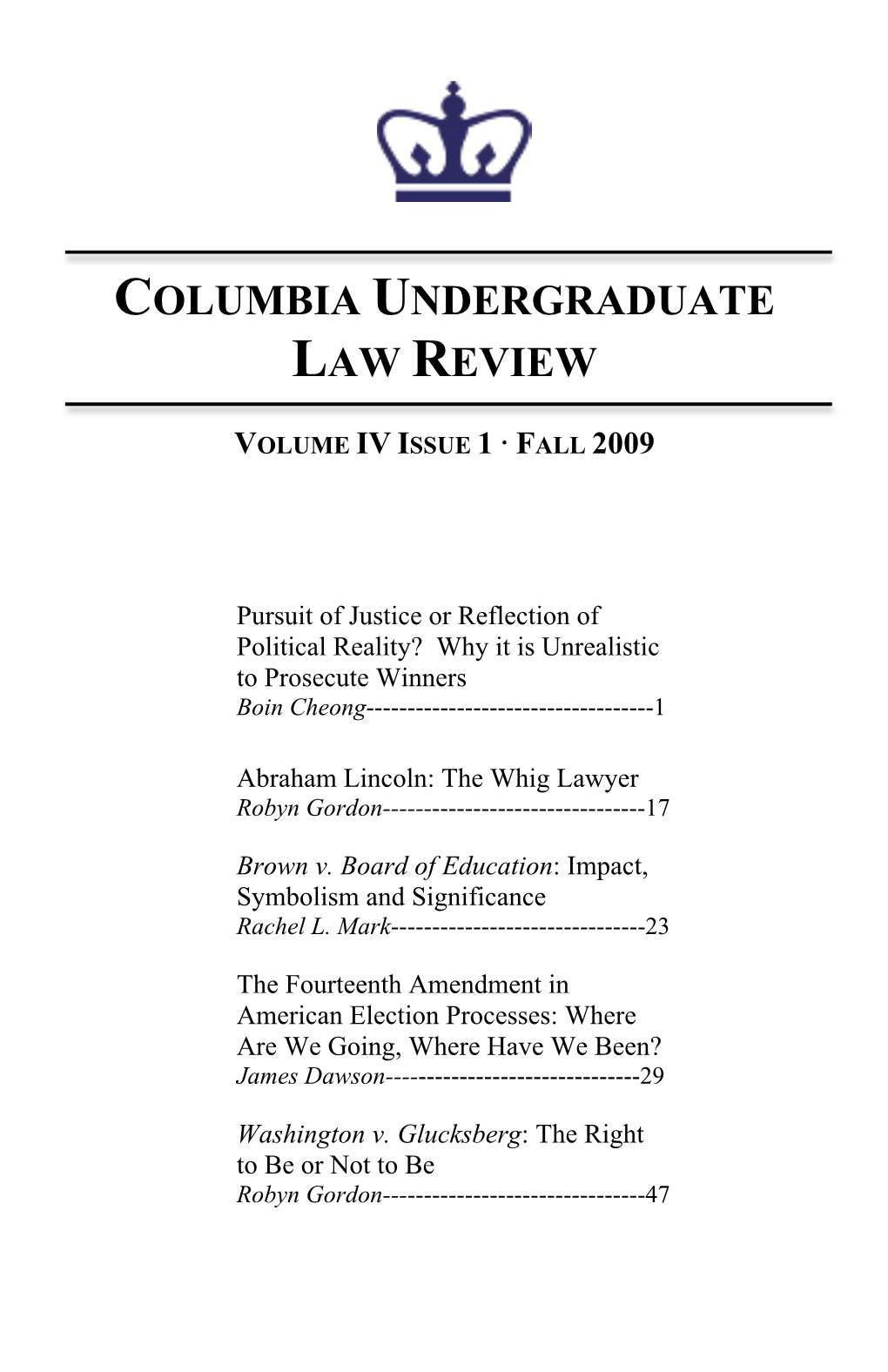 Cover Page Fall 2009 Issue