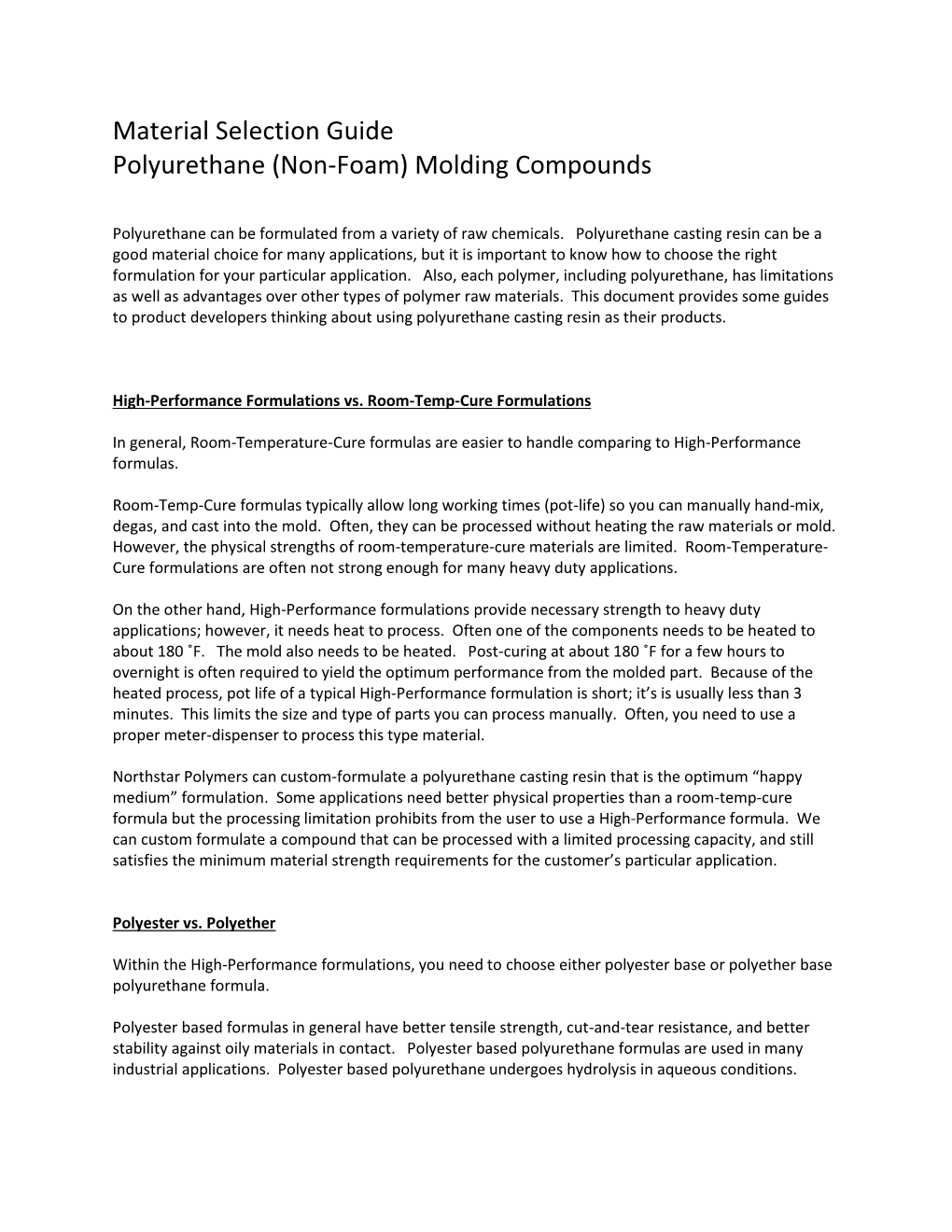 Material Selection Guide Polyurethane (Non-Foam) Molding Compounds