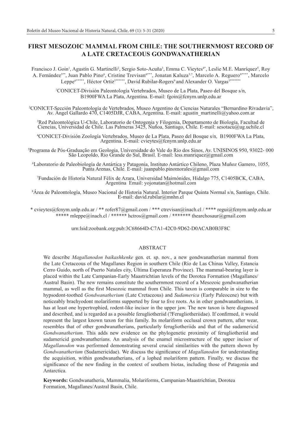 First Mesozoic Mammal from Chile: the Southernmost Record of a Late Cretaceous Gondwanatherian