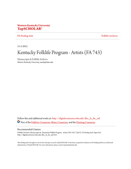 Kentucky Folklife Program - Artists (FA 743) Manuscripts & Folklife Archives Western Kentucky University, Mssfa@Wku.Edu