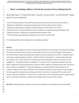 Heme A-Containing Oxidases Evolved in the Ancestors of Iron Oxidizing Bacteria 3 4 Mauro Degli Esposti1*, Viridiana Garcia-Meza2, Agueda E