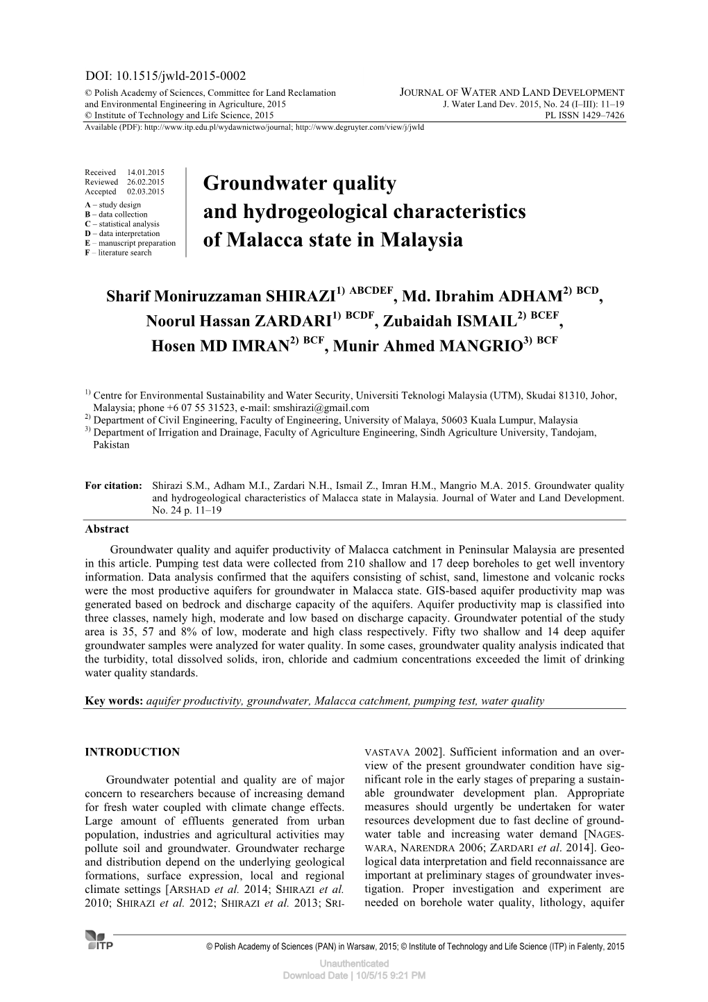 Groundwater Quality and Hydrogeological Characteristics of Malacca State in Malaysia