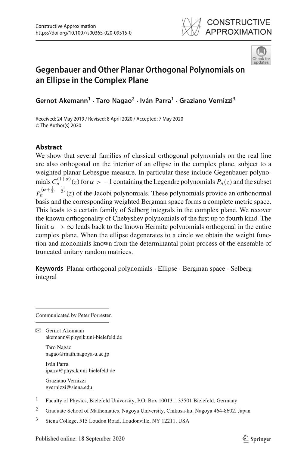 Gegenbauer and Other Planar Orthogonal Polynomials on an Ellipse in the Complex Plane