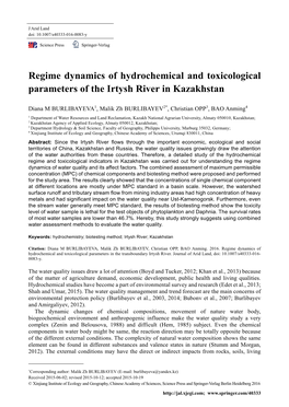 Regime Dynamics of Hydrochemical and Toxicological Parameters of the Irtysh River in Kazakhstan
