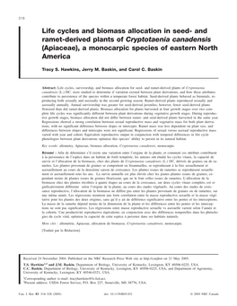 Life Cycles and Biomass Allocation in Seed- and Ramet-Derived Plants of Cryptotaenia Canadensis (Apiaceae), a Monocarpic Species of Eastern North America