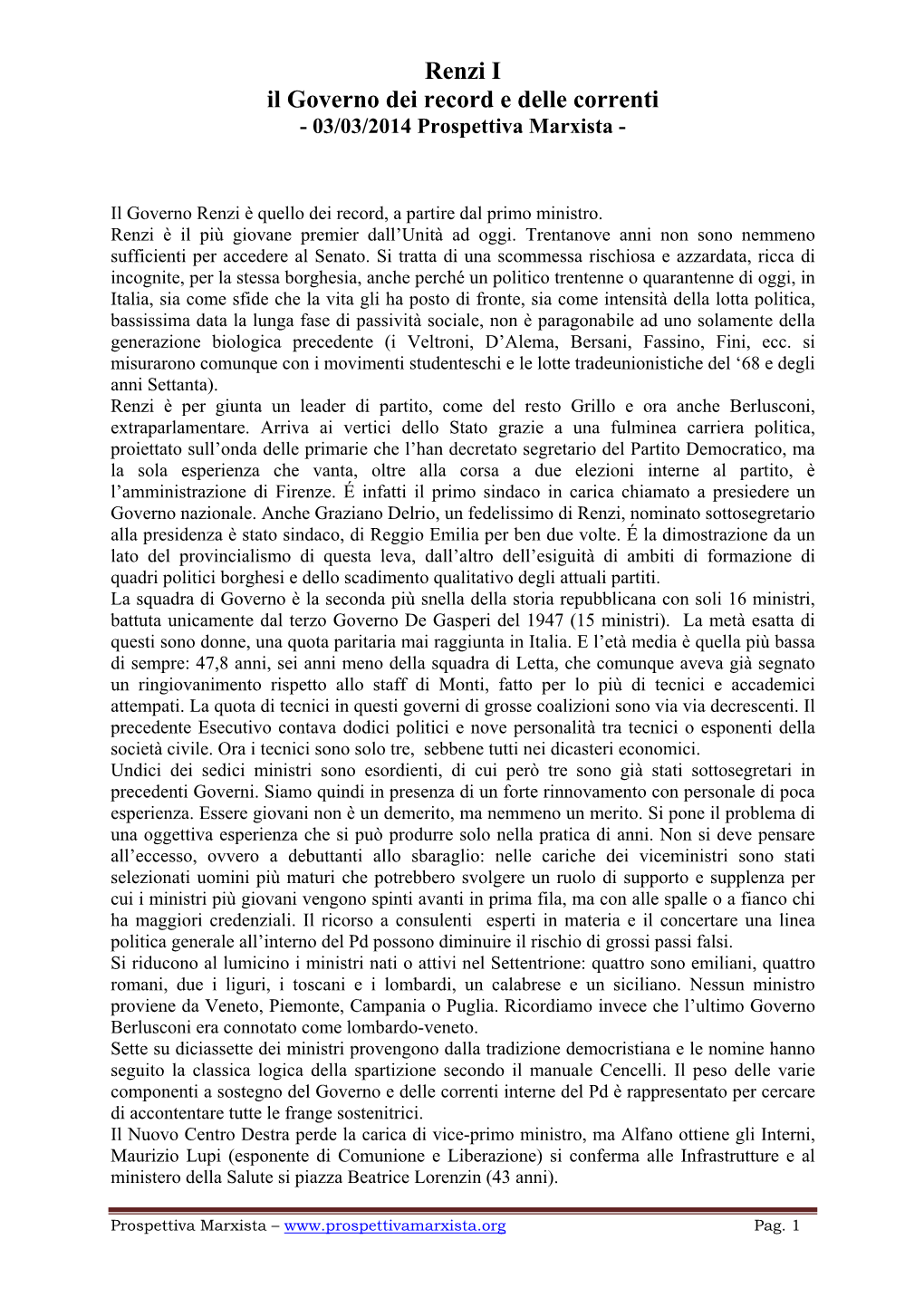 Renzi I Il Governo Dei Record E Delle Correnti - 03/03/2014 Prospettiva Marxista
