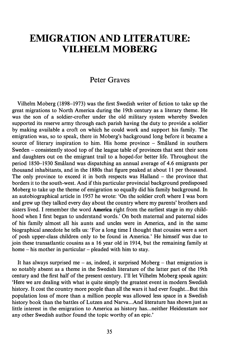 Emigration and Literature: Vilhelm Moberg