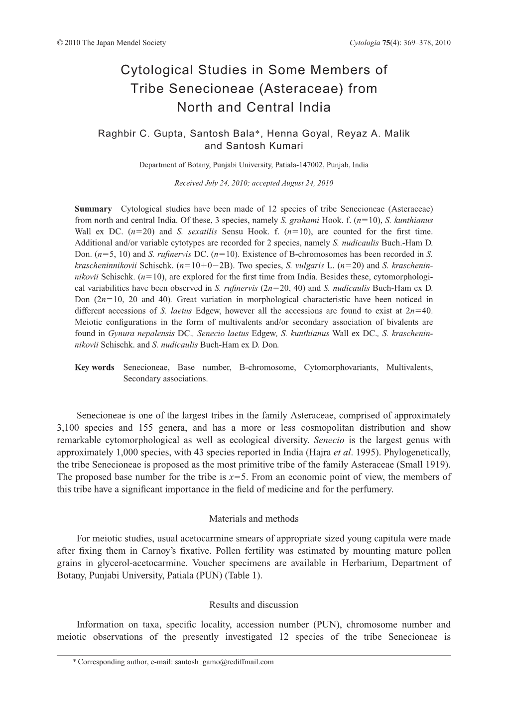 Cytological Studies in Some Members of Tribe Senecioneae (Asteraceae) from North and Central India