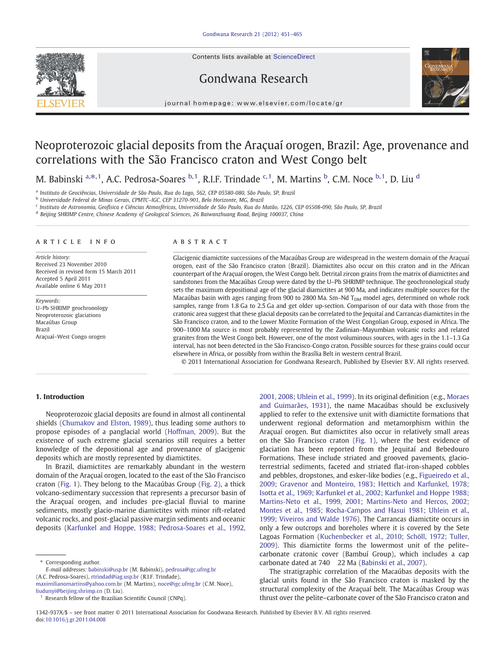 Neoproterozoic Glacial Deposits from the Araçuaí Orogen, Brazil: Age, Provenance and Correlations with the São Francisco Craton and West Congo Belt