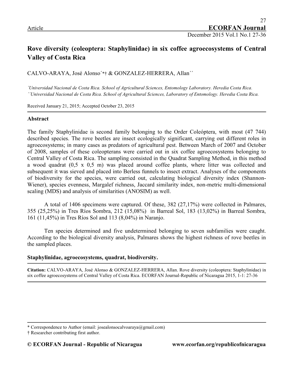 ECORFAN Journal Rove Diversity (Coleoptera: Staphylinidae) in Six