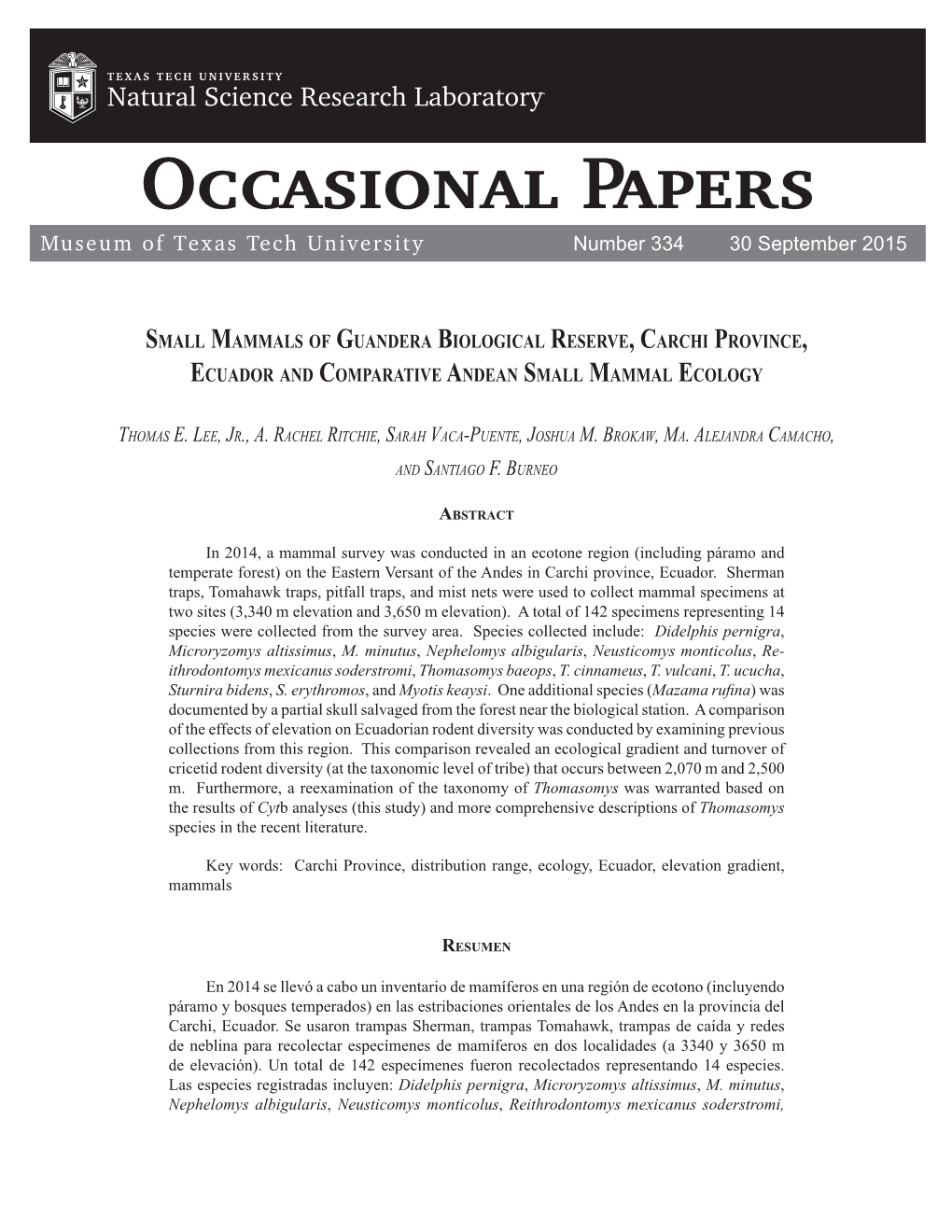 Small Mammals of Guandera Biological Reserve, Carchi Province, Ecuador and Comparative Andean Small Mammal Ecology