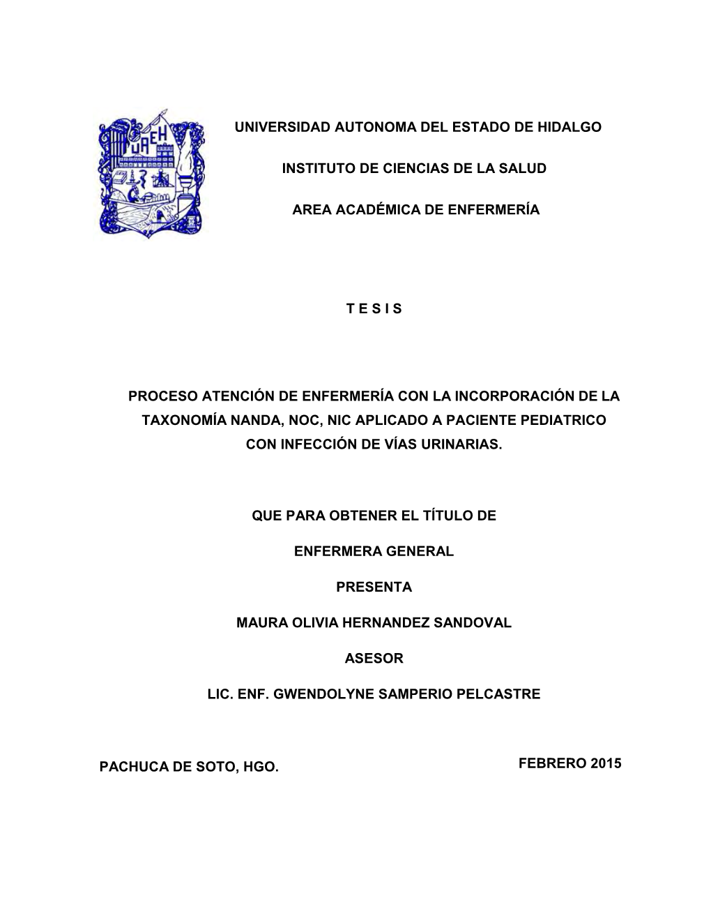 Universidad Autonoma Del Estado De Hidalgo Instituto De Ciencias De La Salud Area Académica De Enfermería T E S I S Proceso At