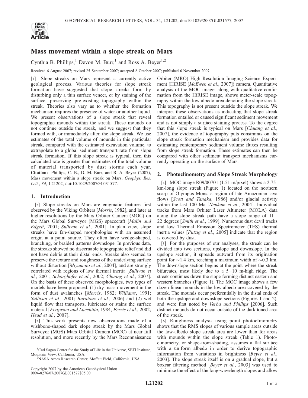 Mass Movement Within a Slope Streak on Mars Cynthia B