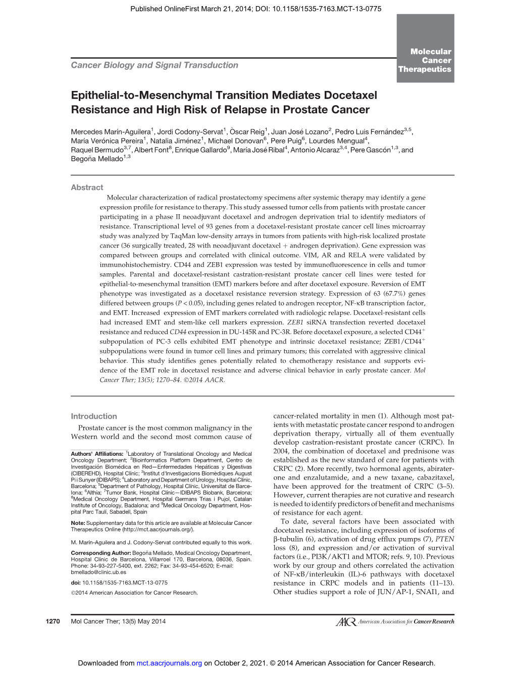 Epithelial-To-Mesenchymal Transition Mediates Docetaxel Resistance and High Risk of Relapse in Prostate Cancer