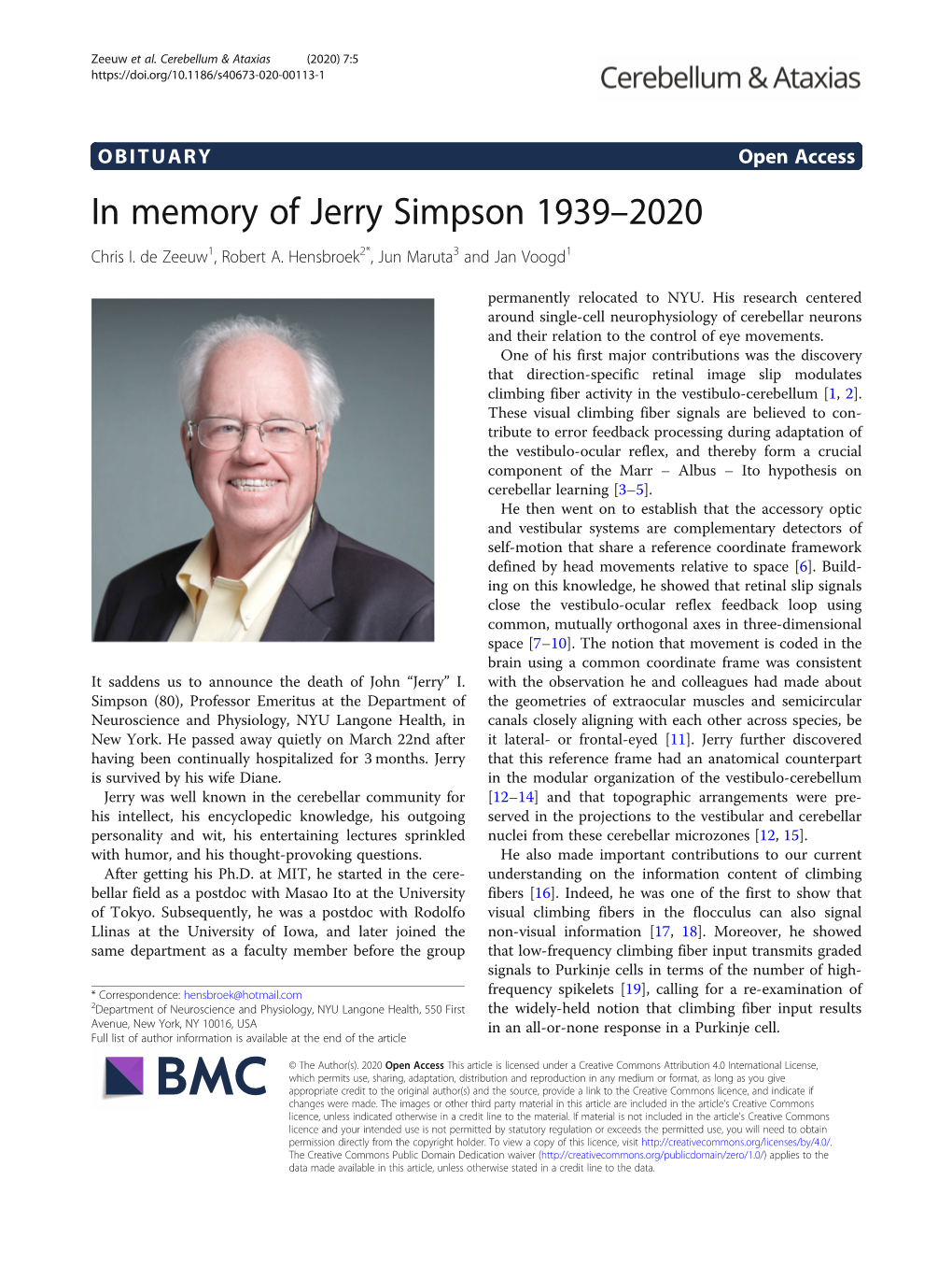 In Memory of Jerry Simpson 1939–2020 Chris I