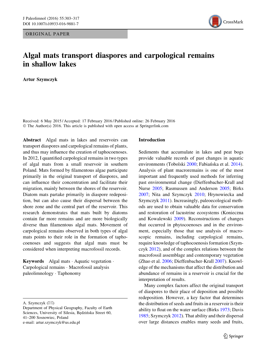 Algal Mats Transport Diaspores and Carpological Remains in Shallow Lakes