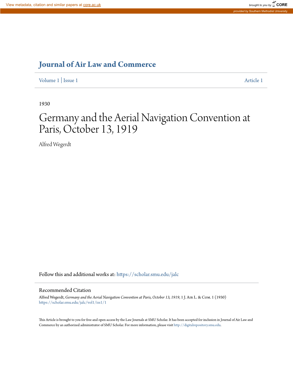 Germany and the Aerial Navigation Convention at Paris, October 13, 1919 Alfred Wegerdt