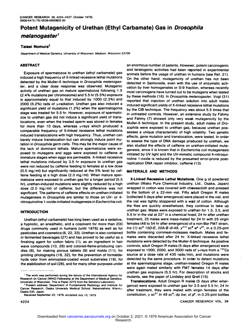 Potent Mutagenicity of Urethan (Ethyl Carbamate) Gas in Drosophila Melanogaster^