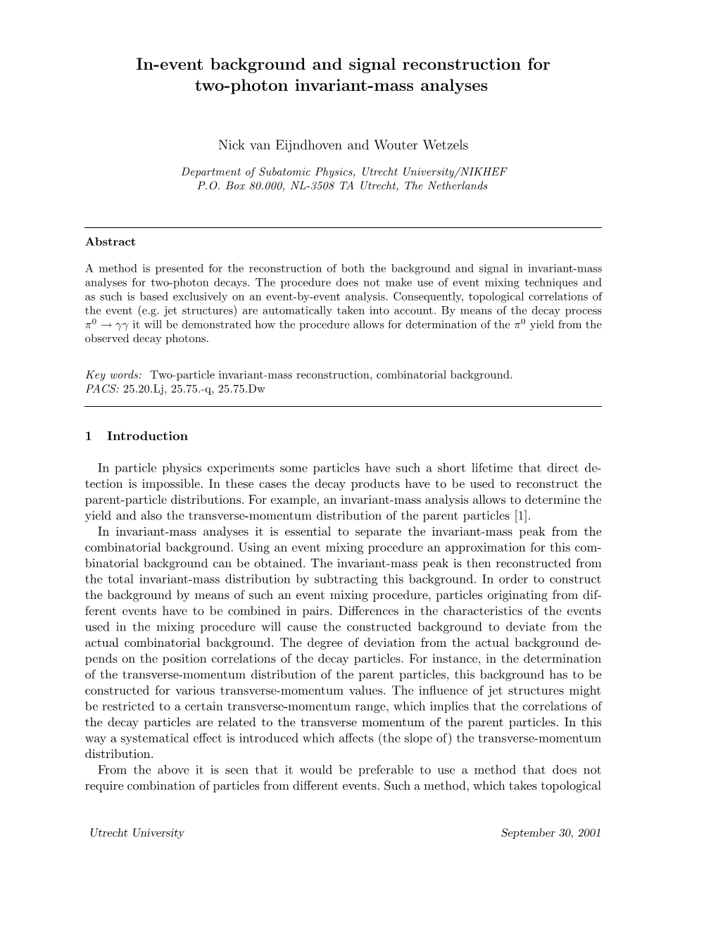 In-Event Background and Signal Reconstruction for Two-Photon Invariant-Mass Analyses