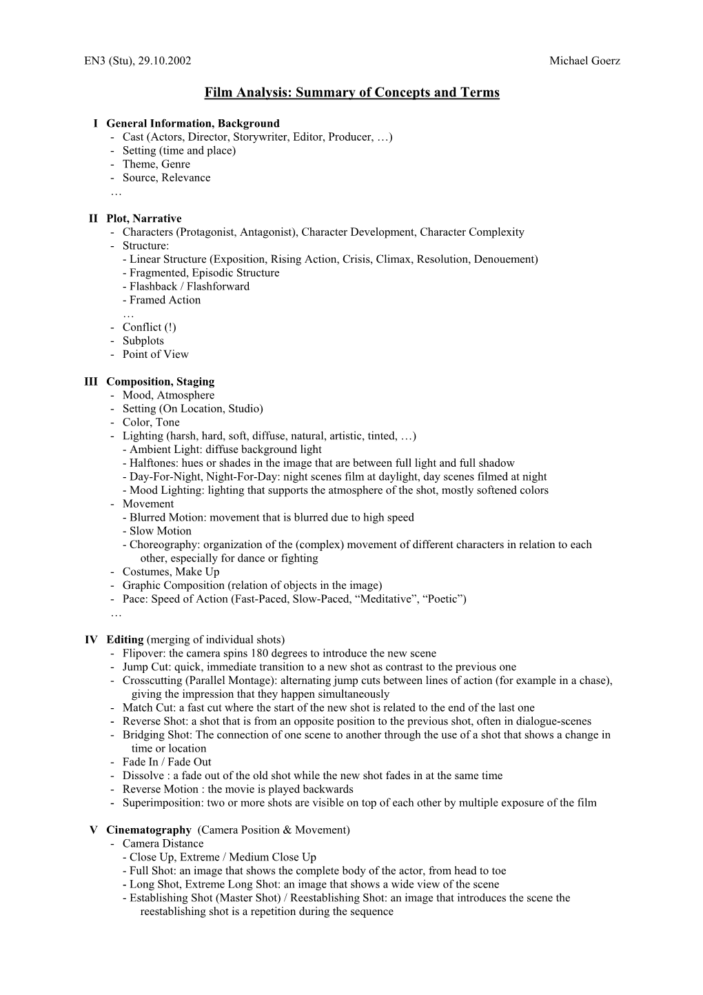 Film Analysis: Summary of Concepts and Terms