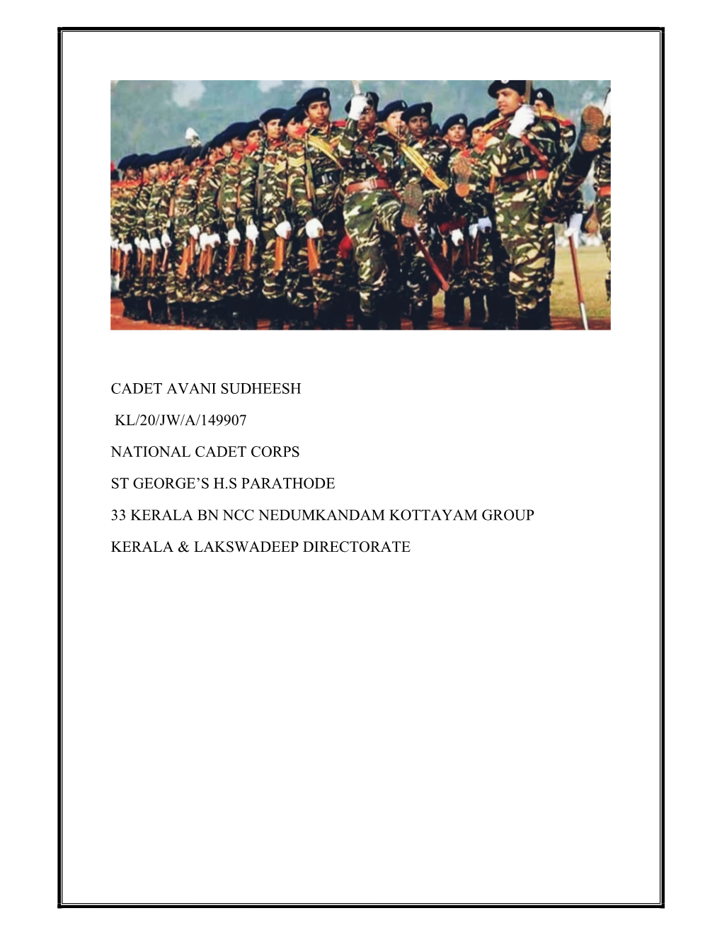 Cadet Avani Sudheesh Kl/20/Jw/A/149907 National