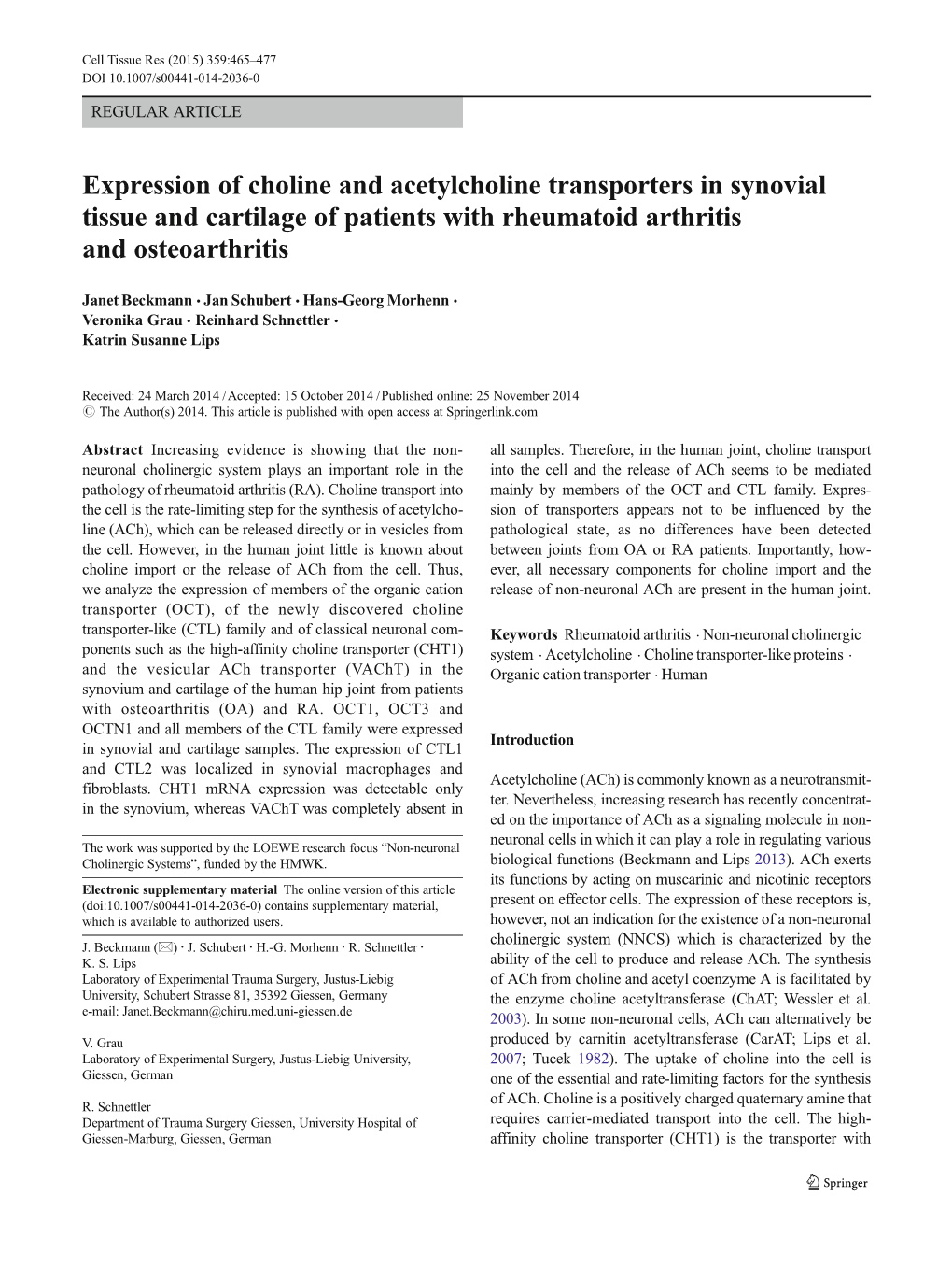 Expression of Choline and Acetylcholine Transporters in Synovial Tissue and Cartilage of Patients with Rheumatoid Arthritis and Osteoarthritis