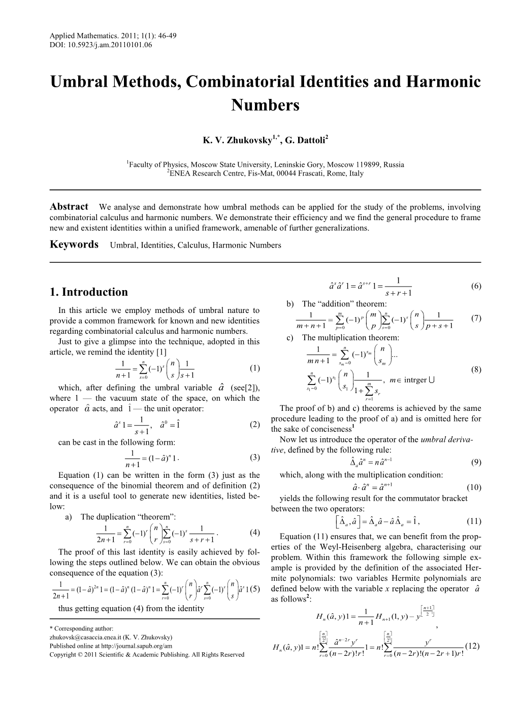 Umbral Methods, Combinatorial Identities and Harmonic Numbers