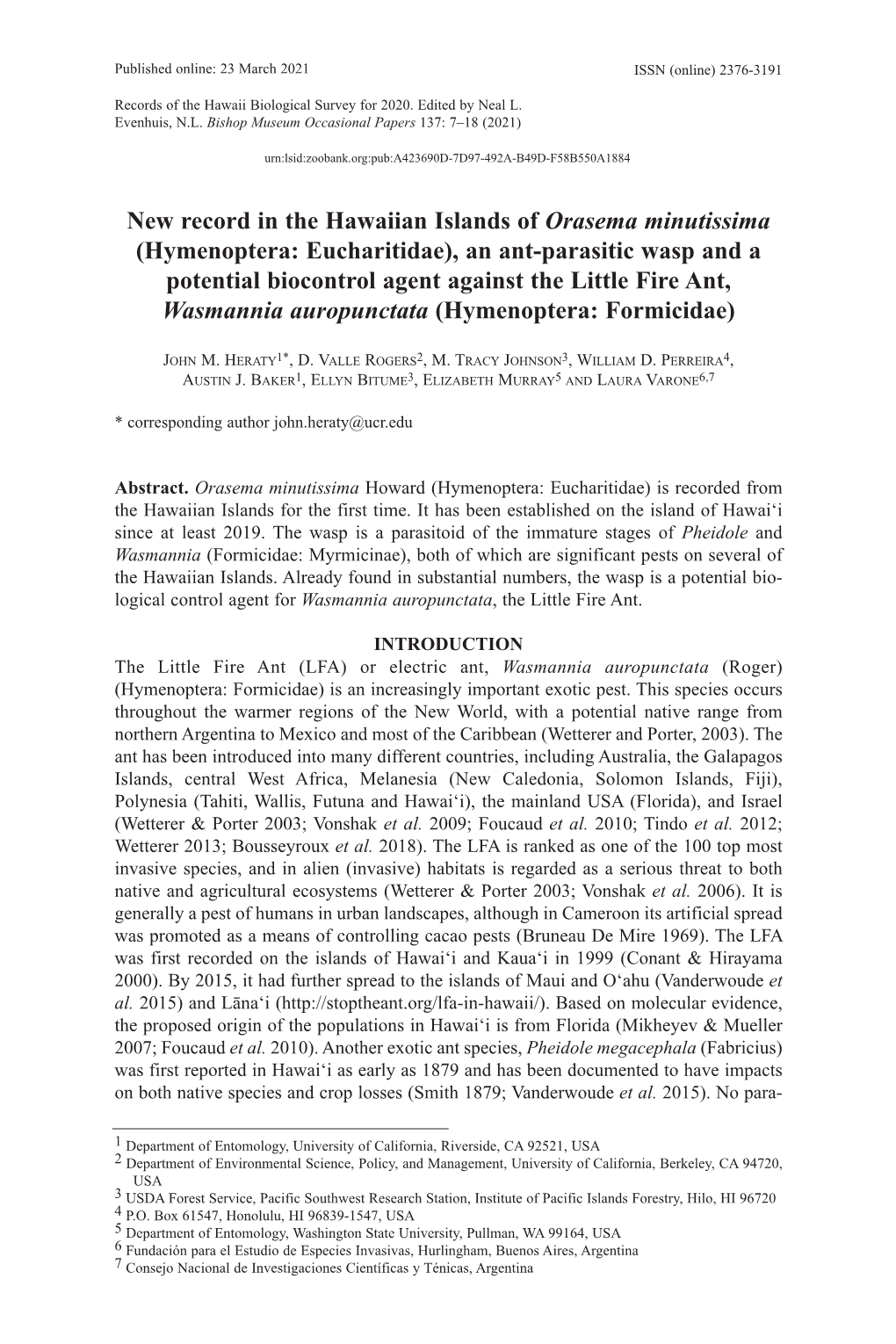 New Record in the Hawaiian Islands of Orasema Minutissima (Hymenoptera: Eucharitidae), an Ant-Parasitic Wasp and a Potential