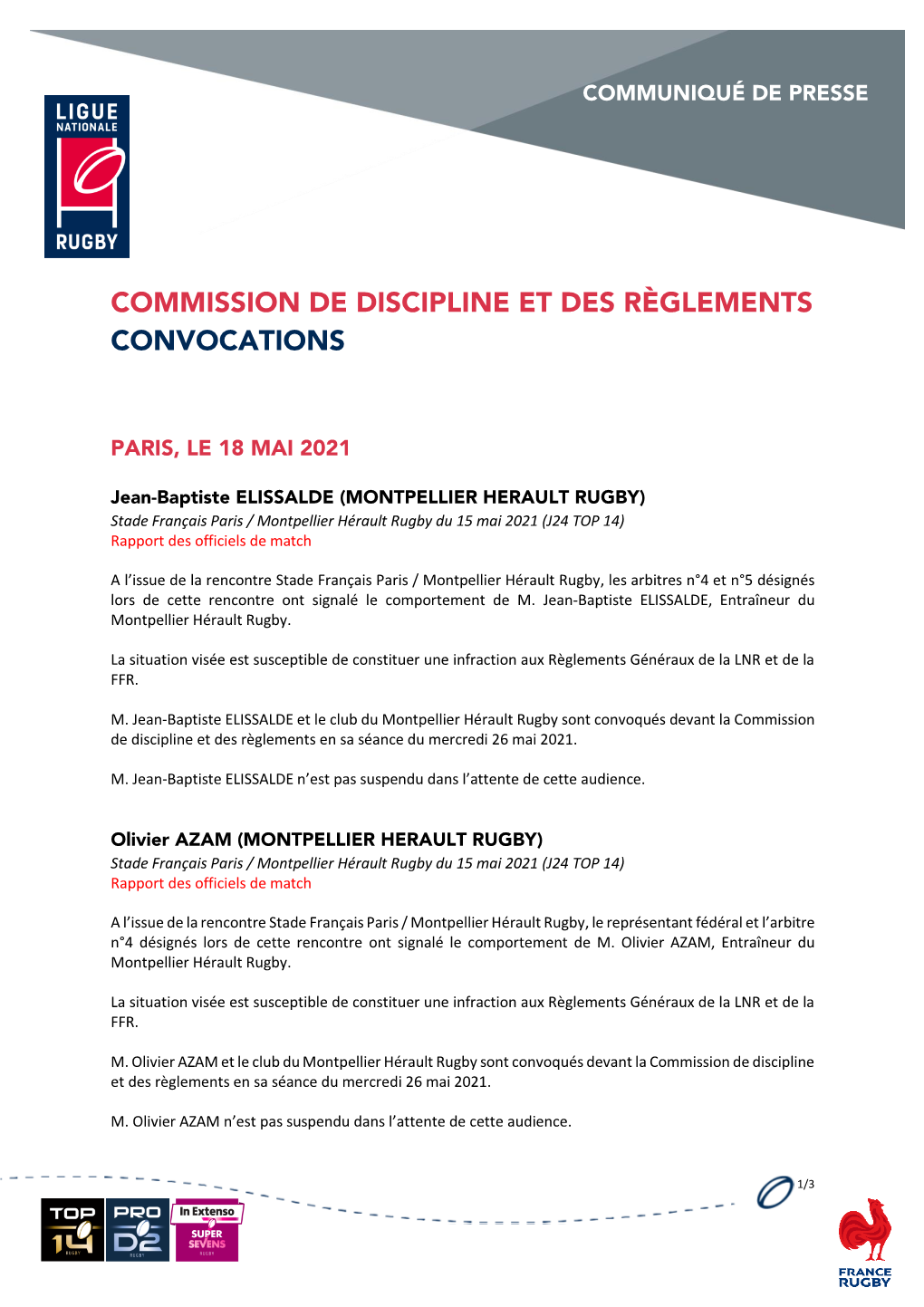Commission De Discipline Et Des Règlements Convocations