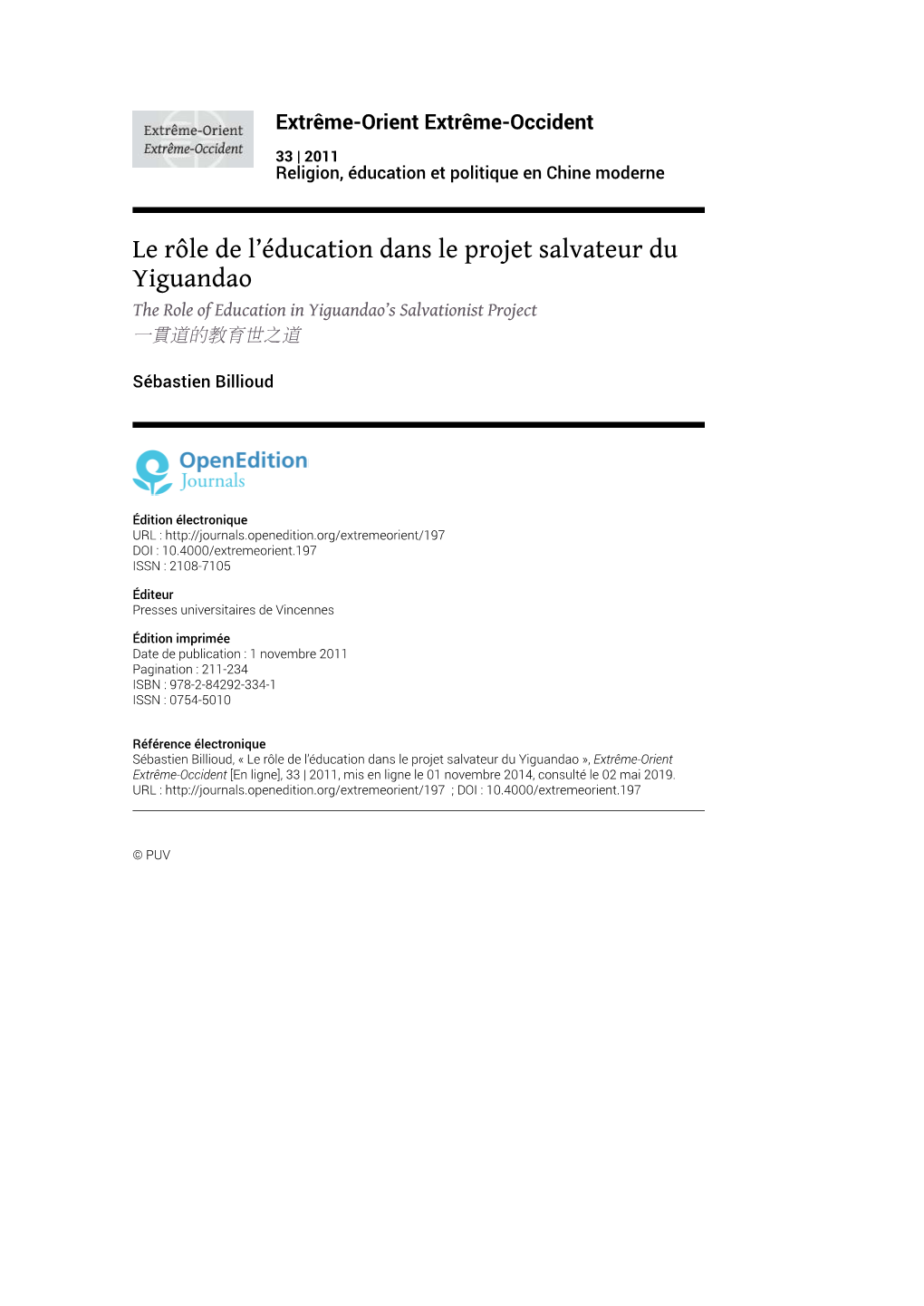 Le Rôle De L'éducation Dans Le Projet Salvateur Du Yiguandao1