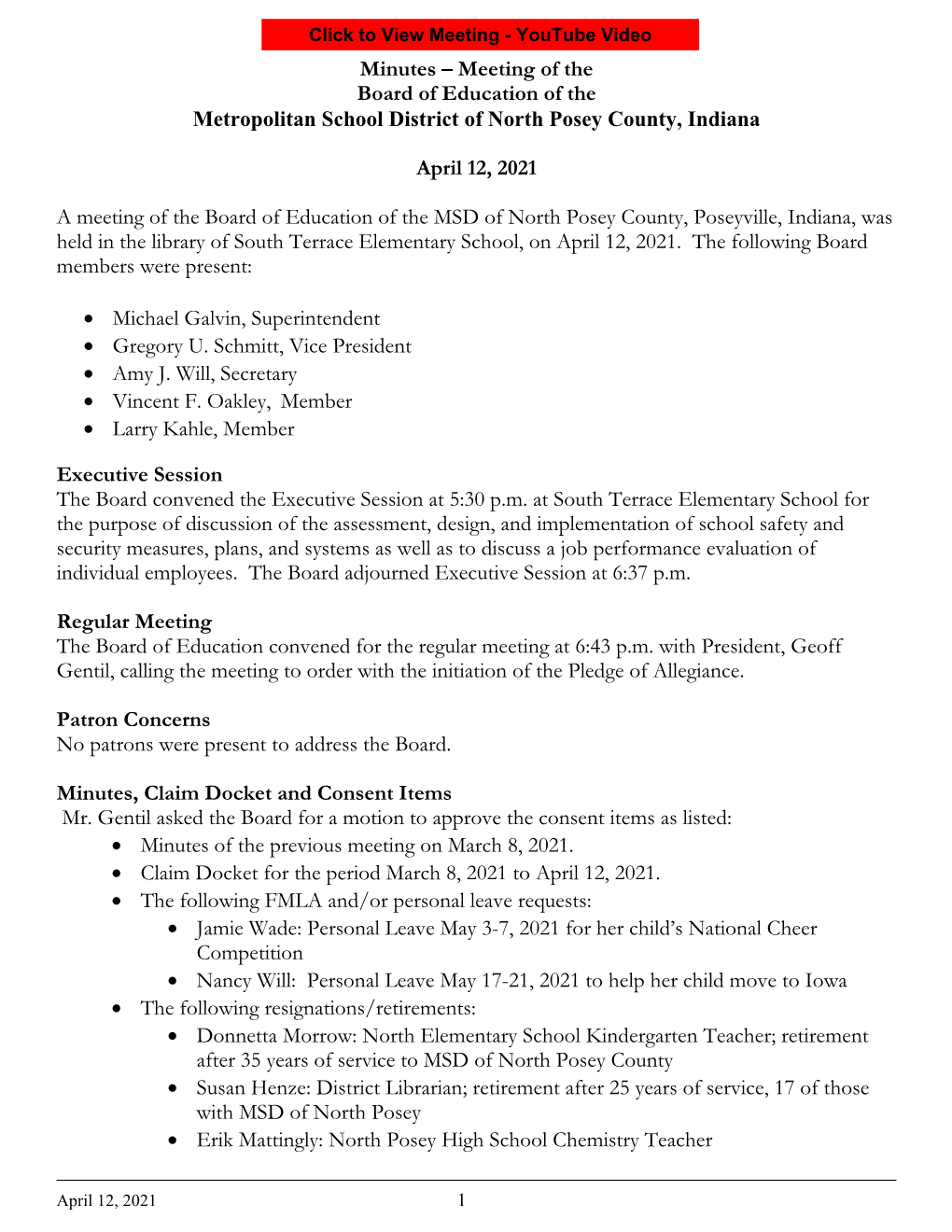 Minutes – Meeting of the Board of Education of the Metropolitan School District of North Posey County, Indiana April 12, 2021