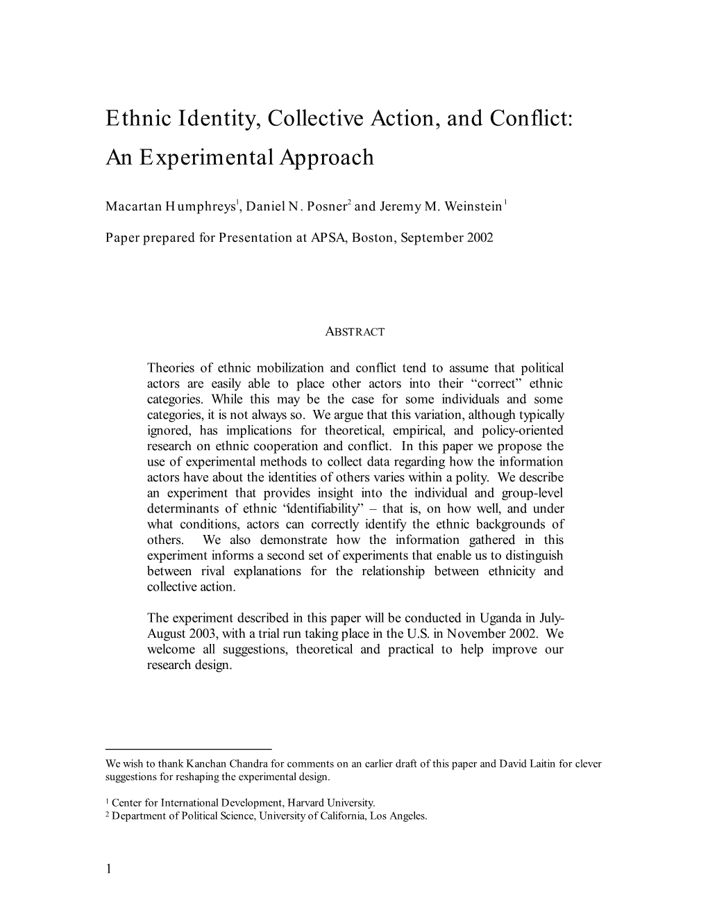 Ethnic Identity, Collective Action, and Conflict: an Experimental Approach