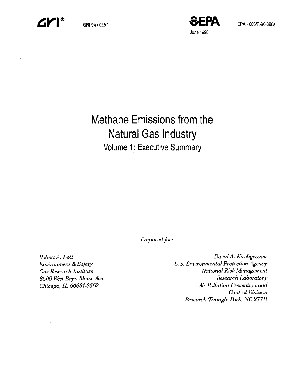 Methane Emissions from the Natural Gas Industry, Volume1: Executive Summary