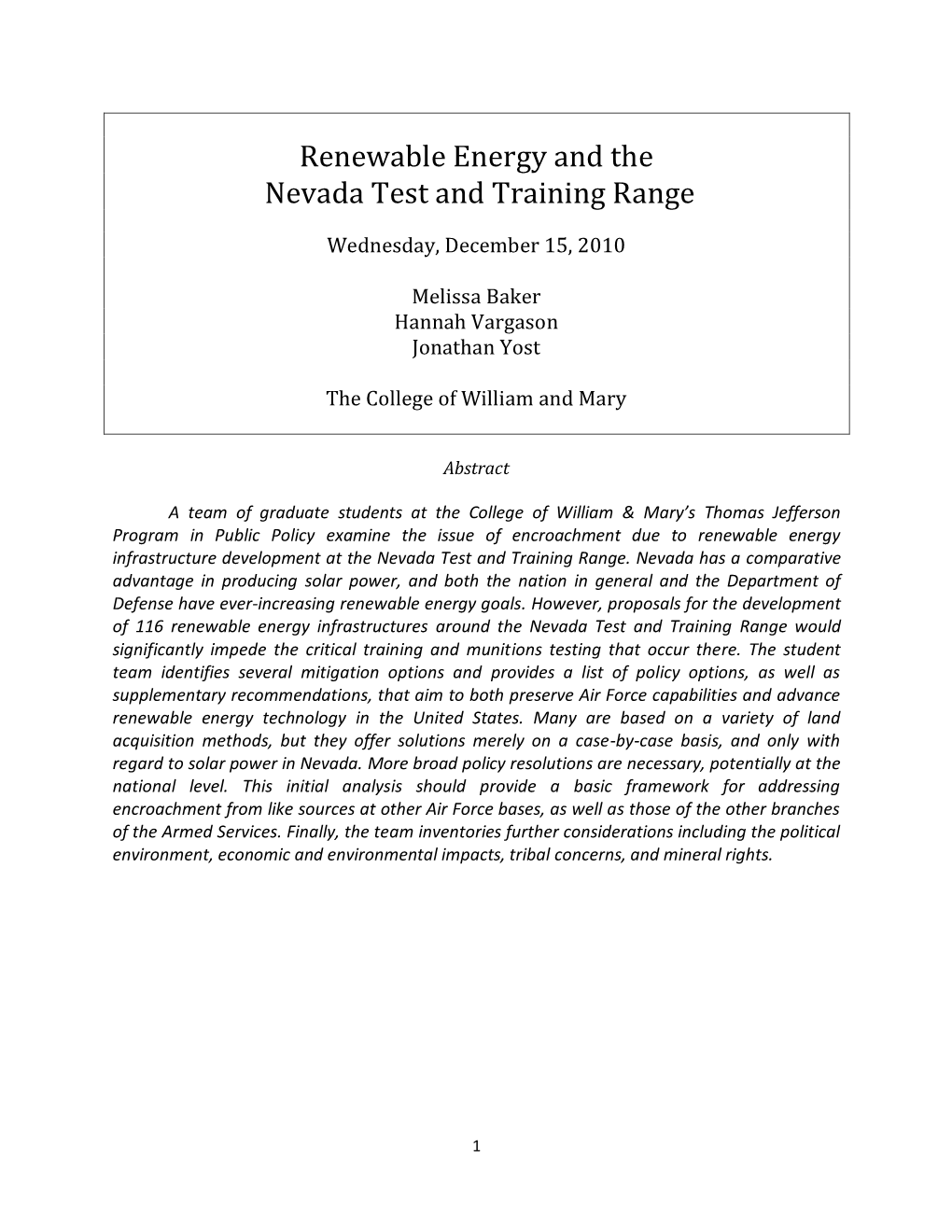 Renewable Energy and the Nevada Test and Training Range