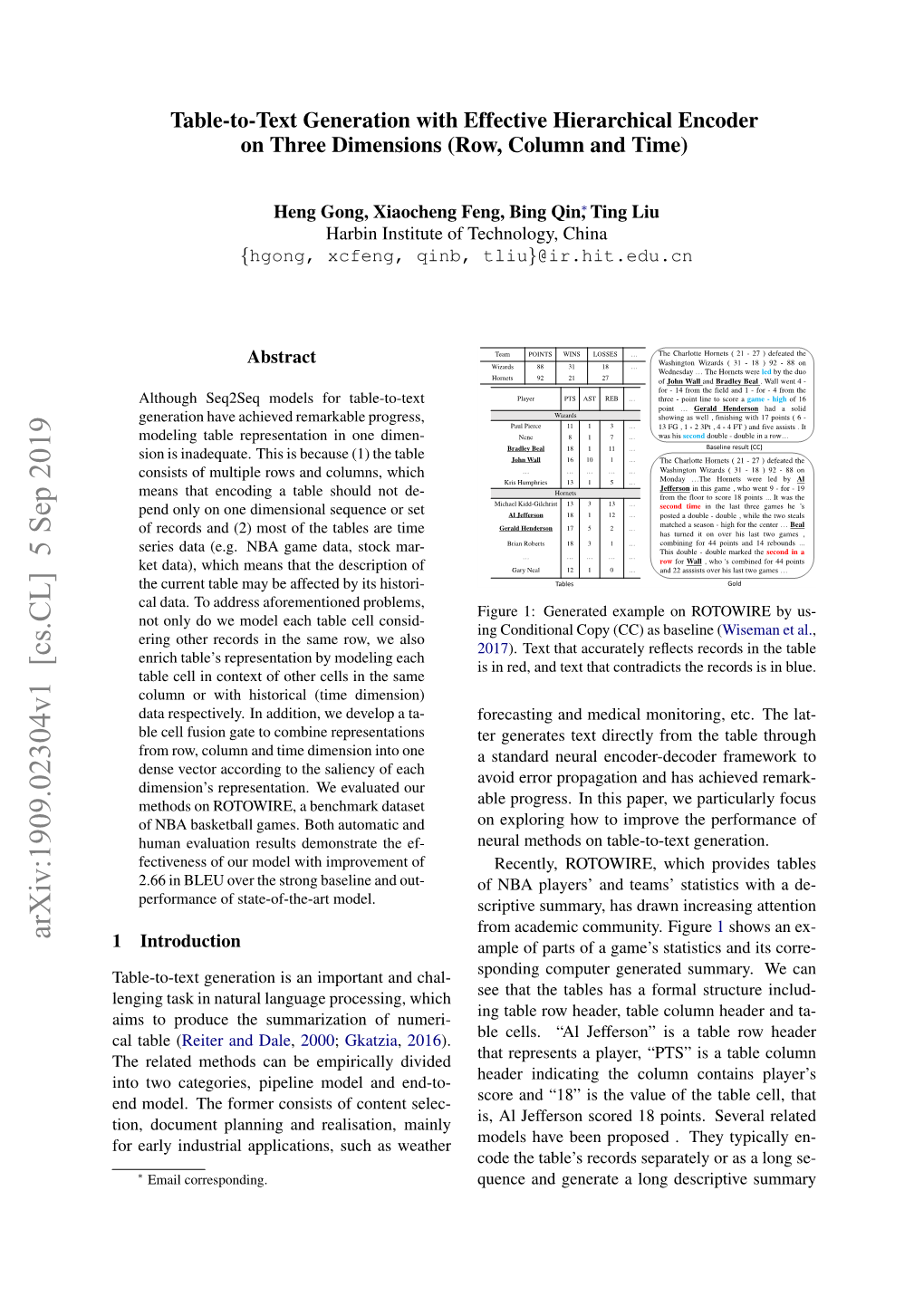 Arxiv:1909.02304V1 [Cs.CL] 5 Sep 2019 1 Introduction Ample of Parts of a Game’S Statistics and Its Corre- Sponding Computer Generated Summary