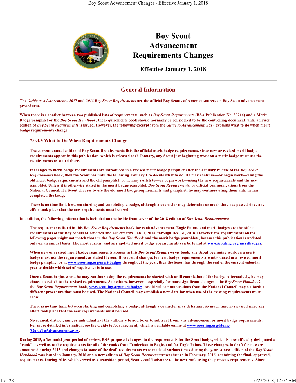 Boy Scout Advancement Changes - Effective January 1, 2018