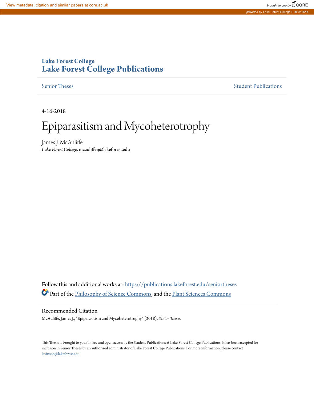 Epiparasitism and Mycoheterotrophy James J