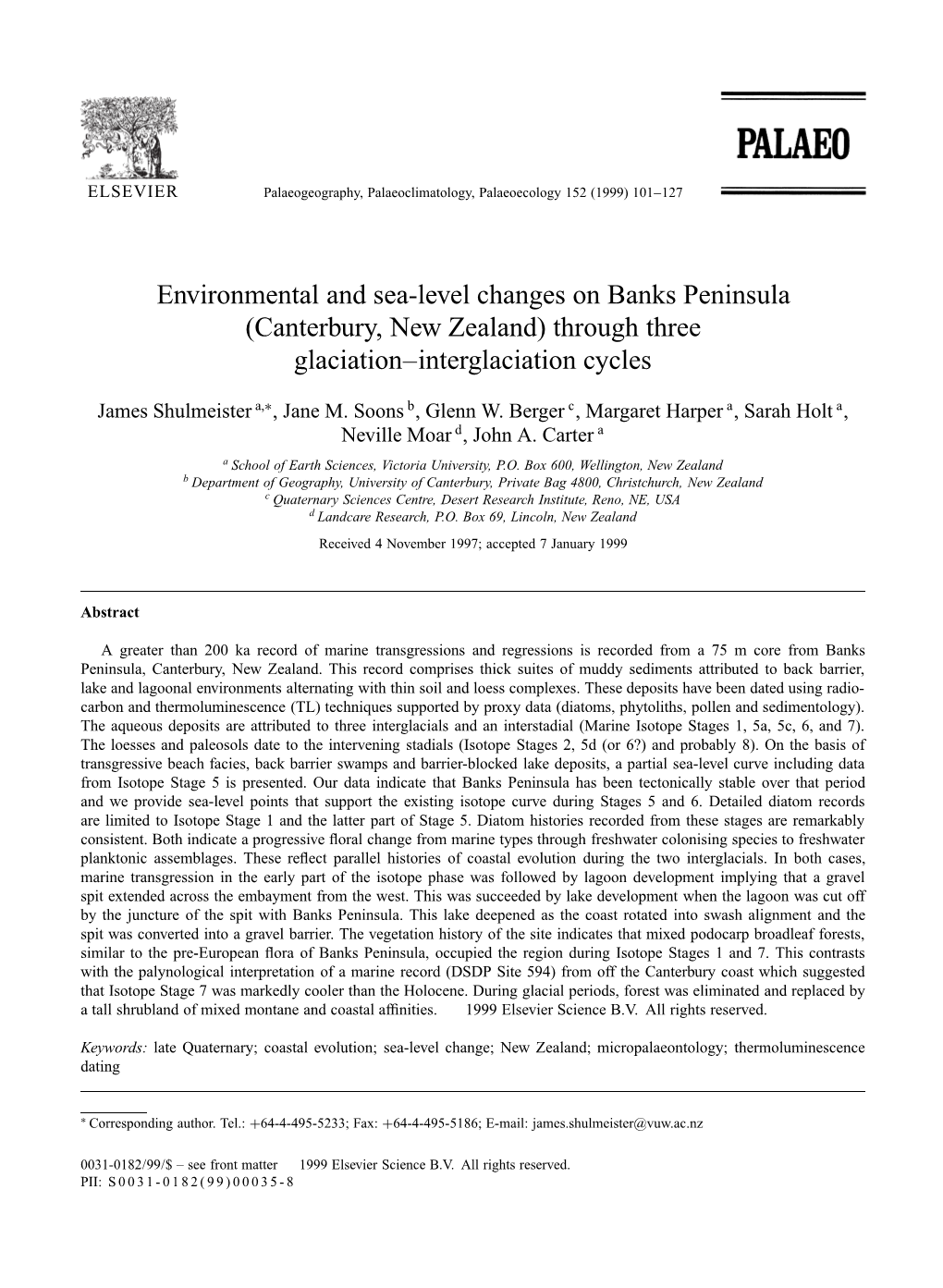 Environmental and Sea-Level Changes on Banks Peninsula (Canterbury, New Zealand) Through Three Glaciation±Interglaciation Cycles