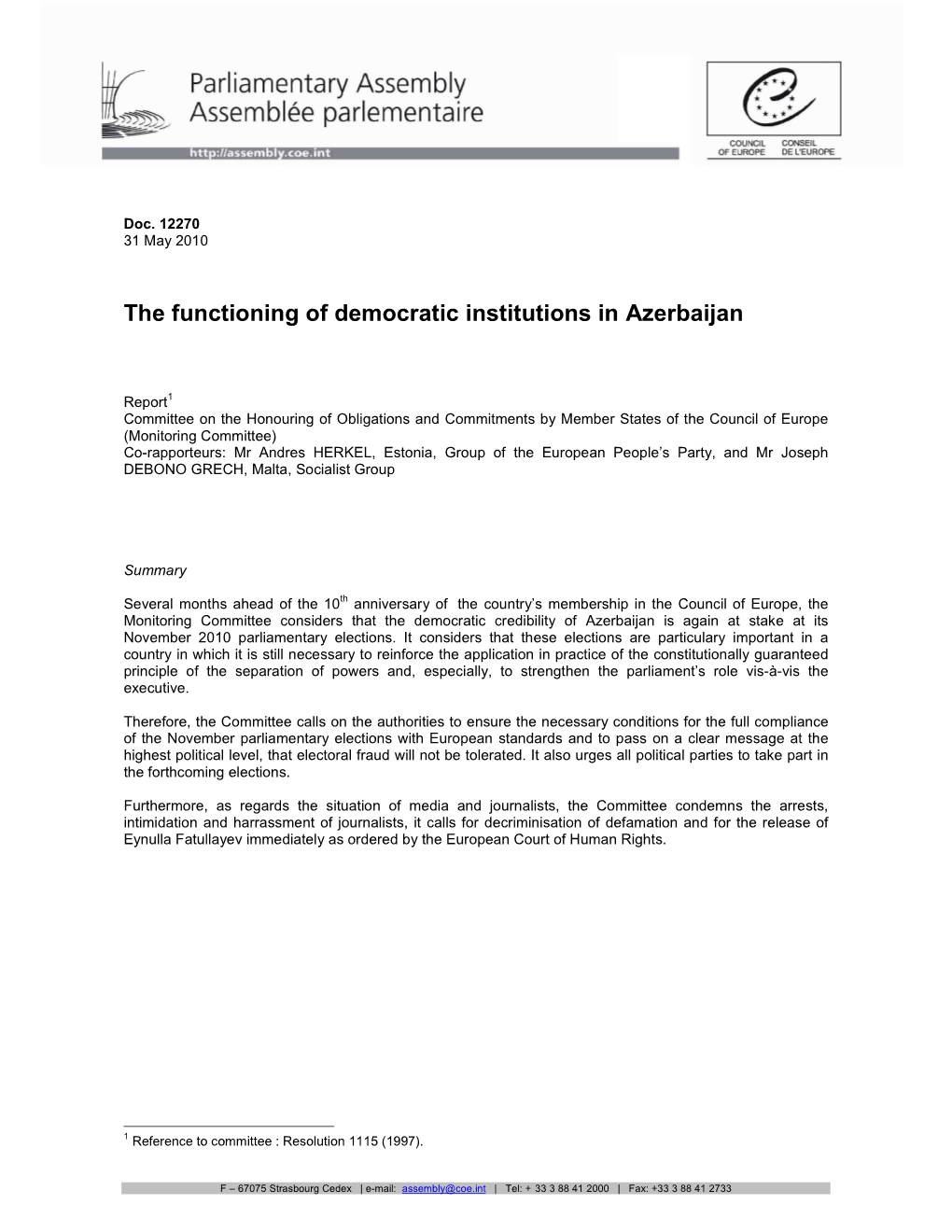 The Functioning of Democratic Institutions in Azerbaijan