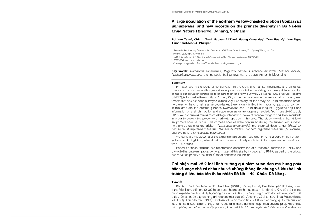 Nomascus Annamensis) and New Records on the Primate Diversity in Ba Na-Nui Chua Nature Reserve, Danang, Vietnam