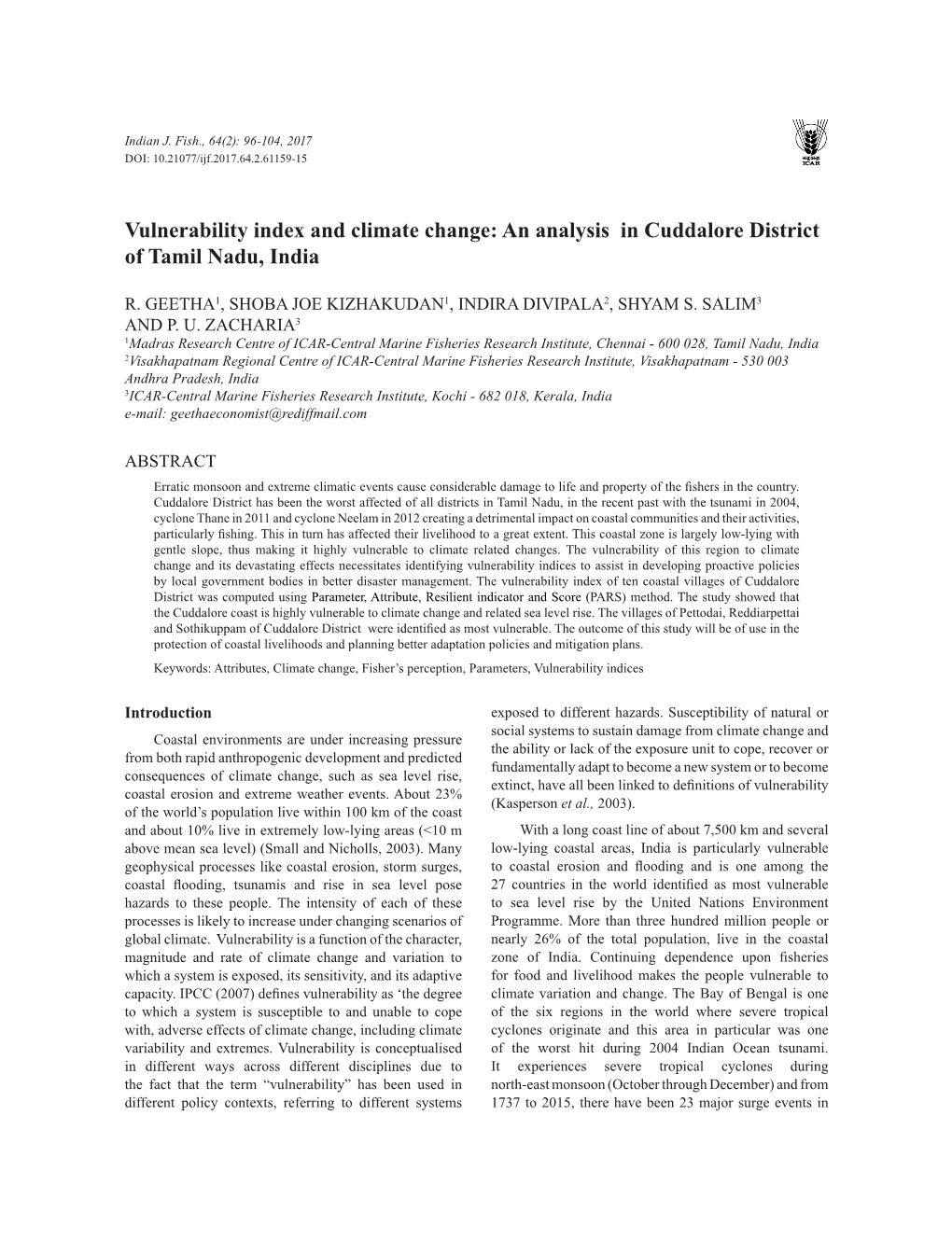 Vulnerability Index and Climate Change: an Analysis in Cuddalore District of Tamil Nadu, India