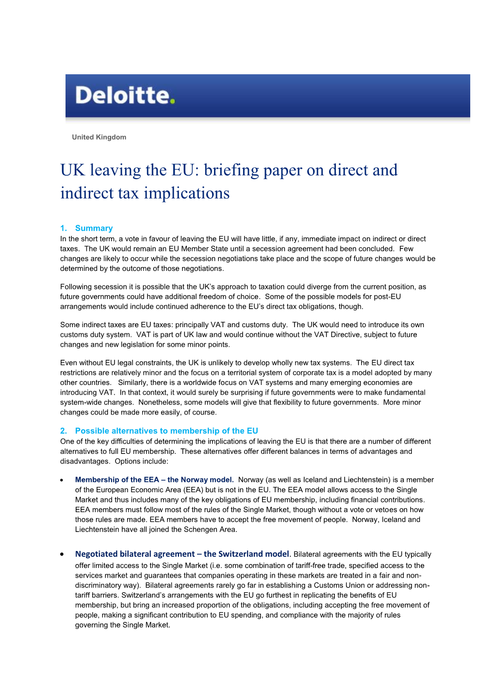 UK Leaving the EU: Briefing Paper on Direct and Indirect Tax Implications