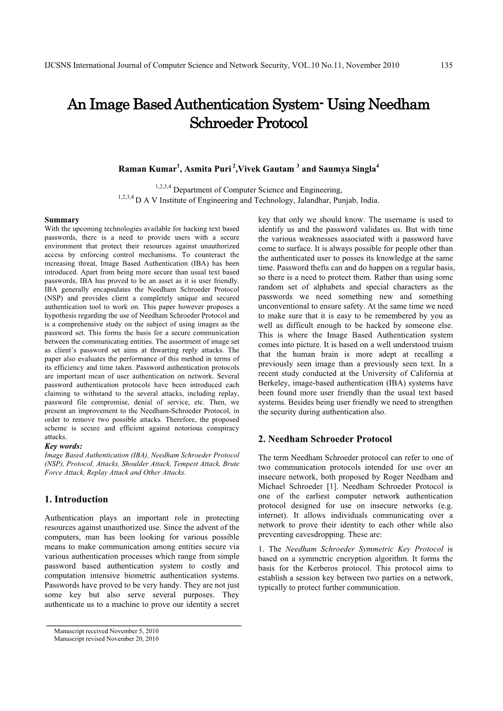 An Image Based Authentication System- Using Needham Schroeder Protocol